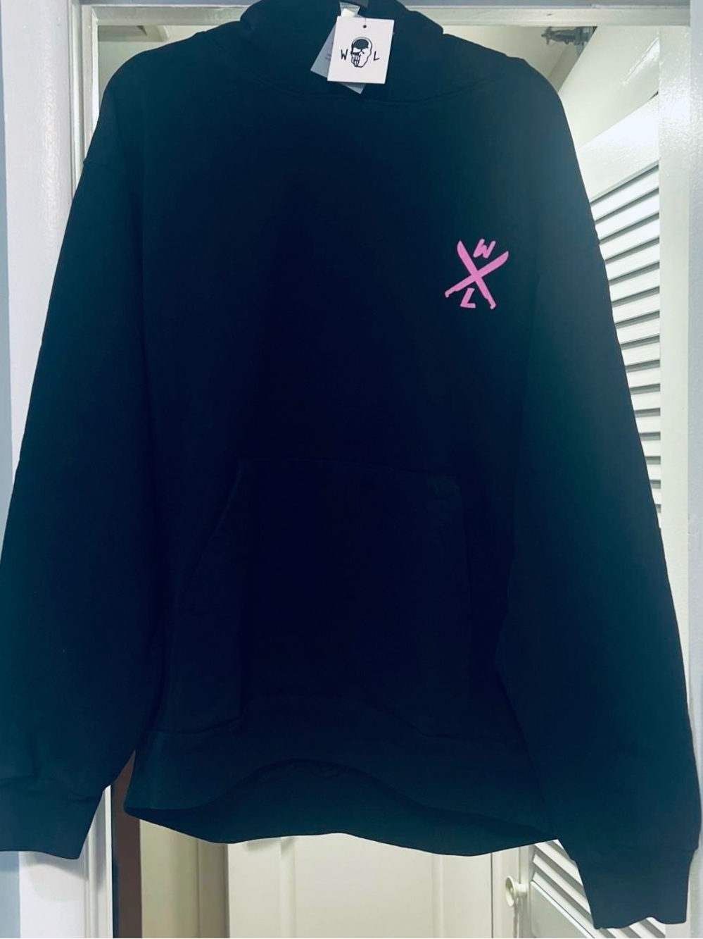 WARREN LOTAS-JASON GOES TO HELL, BLACK/PINK HOODIE, SIZE (LARGE), DEAD STOCK!